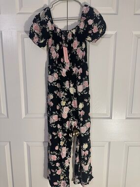 Streetwear Society Black Floral Jumpsuit with Pink and Cream Roses